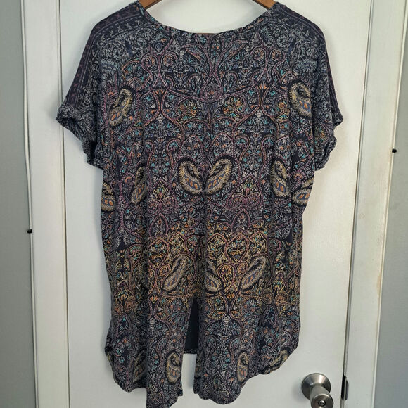 Lucky Brand Blue Multicolor Paisley Print Split Tail Women's 2X Short Sleeve - Picture 2 of 9